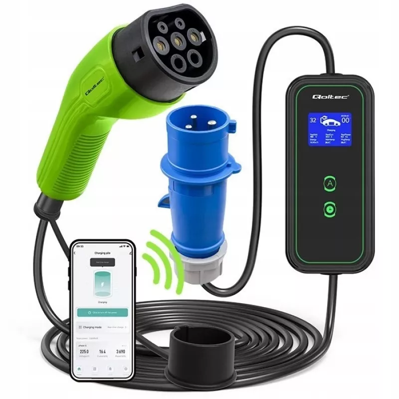 Qoltec Mobilny Ładowarka EV do Samochodu Regulowana 2w1 Type2 | 7kW | 230V | CEE 3 PIN | Wi-Fi | LCD | Przenośna | Wallbox | 5m