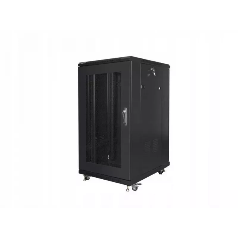Wolnostojąca szafa rack LANBERG FF01-6822-23B 22U, szyny 19 cali, 1159×600×800 mm, IP20, kółka jezdne, zamek na klucz, czarna