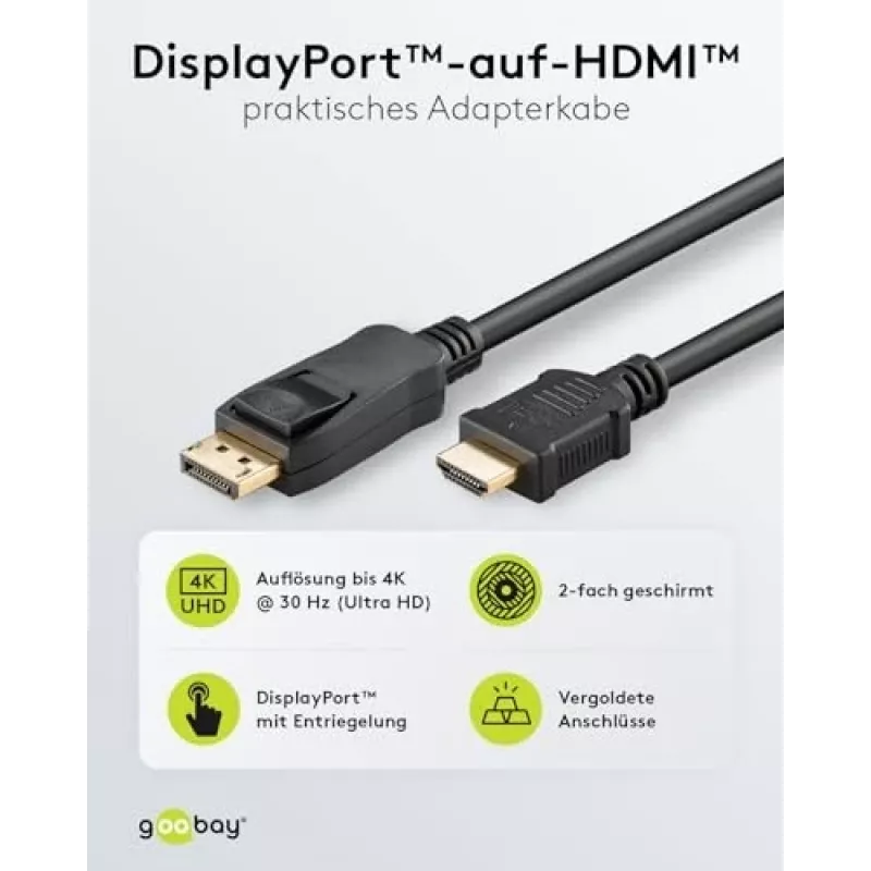 adapter kablowy DisplayPort 1.2 na HDMI 1.4 4K @ 30 Hz / Ultra szybki kabel HDMI / Złącze pozłacane dla bezbłędnej transmisji sygnału / Laptop