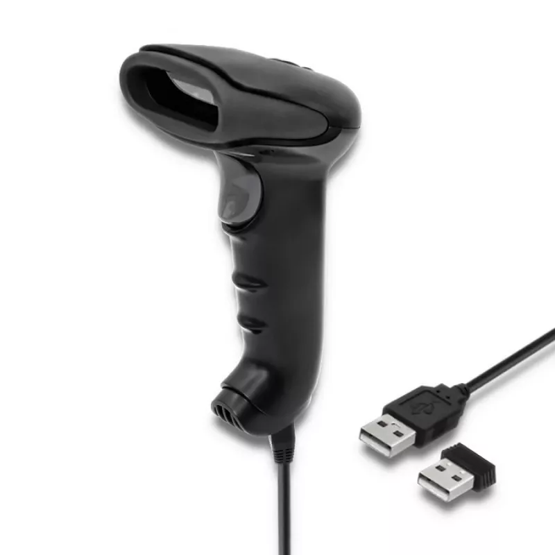 Ręczny czytnik kodów kreskowych QOLTEC 50868 — skaner laserowy 1D/2D, przewodowy i bezprzewodowy USB, odległość robocza 600 mm, czarny