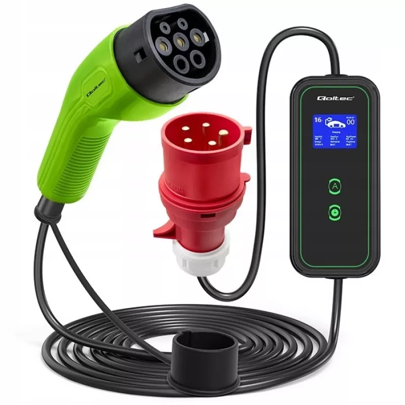 Qoltec Mobilny Ładowarka do EV Samochodowa Regulowana 2w1 Type2 | 11kW | CEE 5 PIN | LCD | 3 fazy | Przenośna | Wallbox | 5m