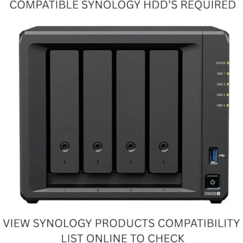 Serwer pamięci masowej NAS SYNOLOGY DS425+ — 4-zatokowy, Intel Celeron J4125 2,0–2,7 GHz, 2 GB DDR4, 0 TB, 2,5GbE, 2 gniazda M.2