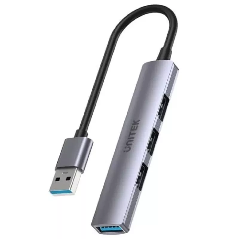 Unitek H1208A hub USB-A, 4 porty (1x USB-A 5 Gbps, 3x USB-A 2.0), aluminiowy, srebrny