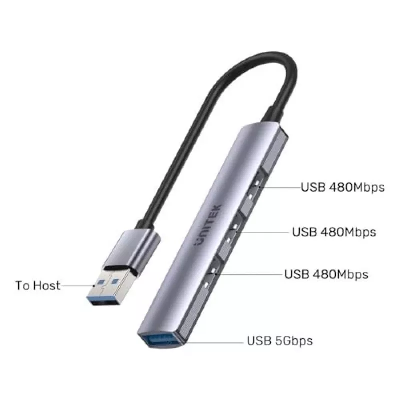 Unitek H1208A hub USB-A, 4 porty (1x USB-A 5 Gbps, 3x USB-A 2.0), aluminiowy, srebrny