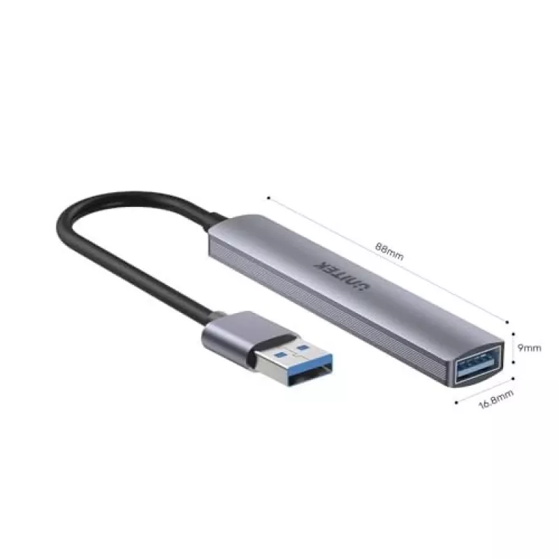 Unitek H1208A hub USB-A, 4 porty (1x USB-A 5 Gbps, 3x USB-A 2.0), aluminiowy, srebrny