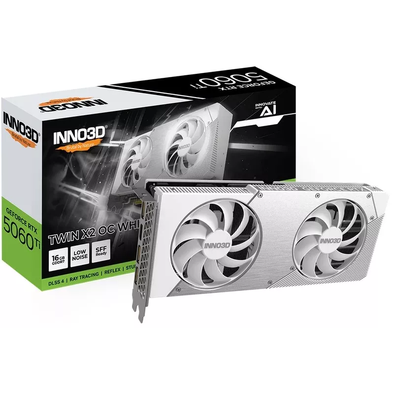 Karta graficzna Inno3D GeForce RTX 5060 Ti — 16 GB GDDR7, PCIe 5.0, 448 GB/s, 250 mm, 2-slot, biała