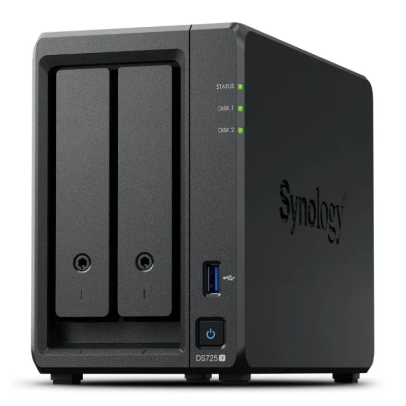 NAS Synology DiskStation DS725+ 2-zatokowy Ryzen R1600 4GB DDR4 ECC, 2.5GbE, 2x M.2, obsługa RAID, 0TB, Czarny