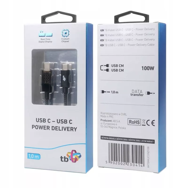 Kabel USB-C TB AKTBXKUCCIND10B 1 m 100W ze wskaźnikiem ładowania LED