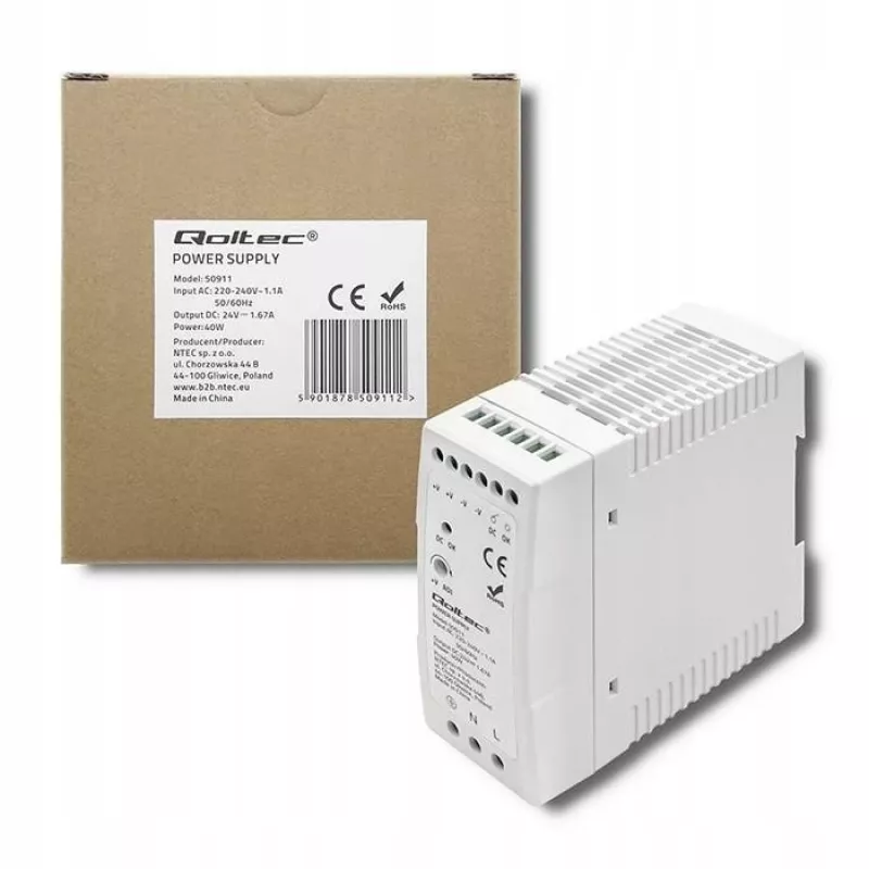 Qoltec Din Rail zasilacz | 40W | 24V | 1.67A | Biały | cienki