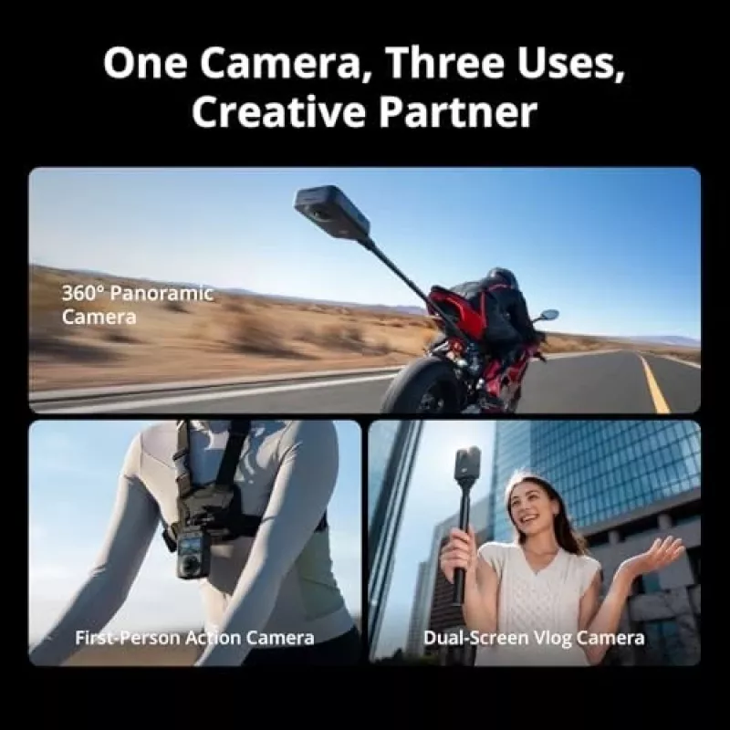 Kamera sportowa DJI Osmo 360 Standard Combo — 8K Ultra HD, 120 MP CMOS, 240 fps, stabilizacja elektroniczna, wyświetlacz 2 cale, MicroSD, 183 g, czarny