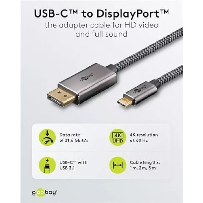 Kabel Goobay USB-C na DisplayPort - pozłacane złącza, rozdzielczości Ultra HD do 4K @ 60 Hz, adapter Thunderbolt 3/4 typu C na DP, kompatybilny z
