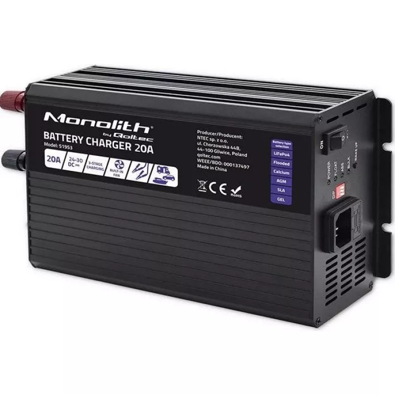 Qoltec Smart Monolith Ładowarka akumulatorów do LiFePO4 AGM GEL SLA | 20A | 24V