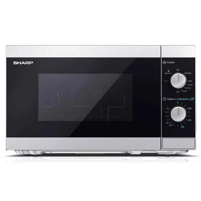 Mikrofalówka kombinowana Sharp YC-MG01E-S — 20 l, 800 W mikrofale, 1000 W grill, 5 poziomów mocy, pokrętło, talerz obrotowy 25,5 cm