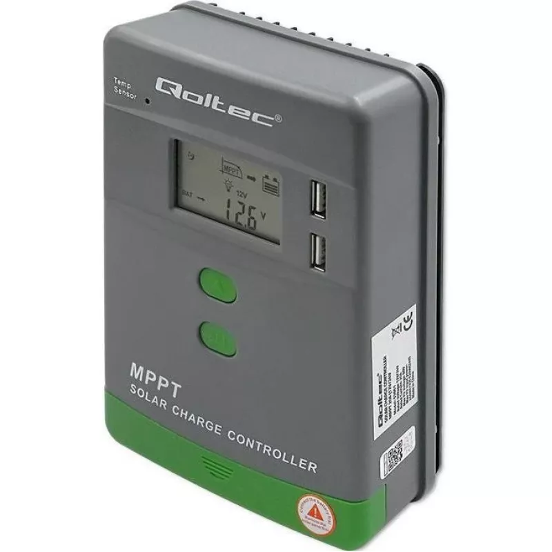 Qoltec, regulator ładowania MPPT z czujnikiem temperatury 20A 12V/24V Wyświetlacz LCD 2 x USB