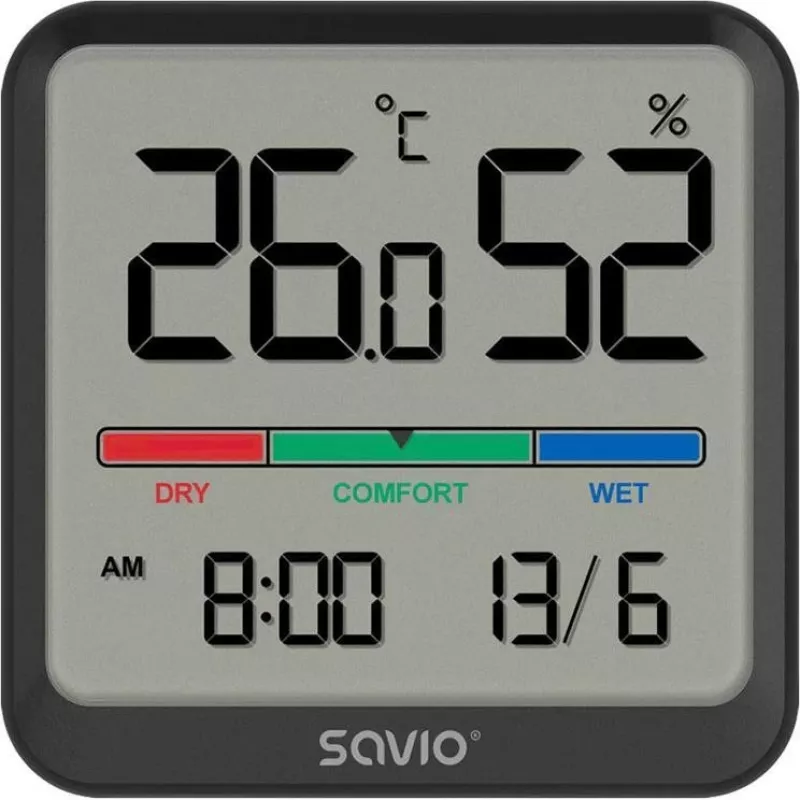 Wewnętrzny czujnik temperatury i wilgotności SAVIO CT-01/B wolnostojący, LCD, -10–55°C, 10–99% RH, CR2032