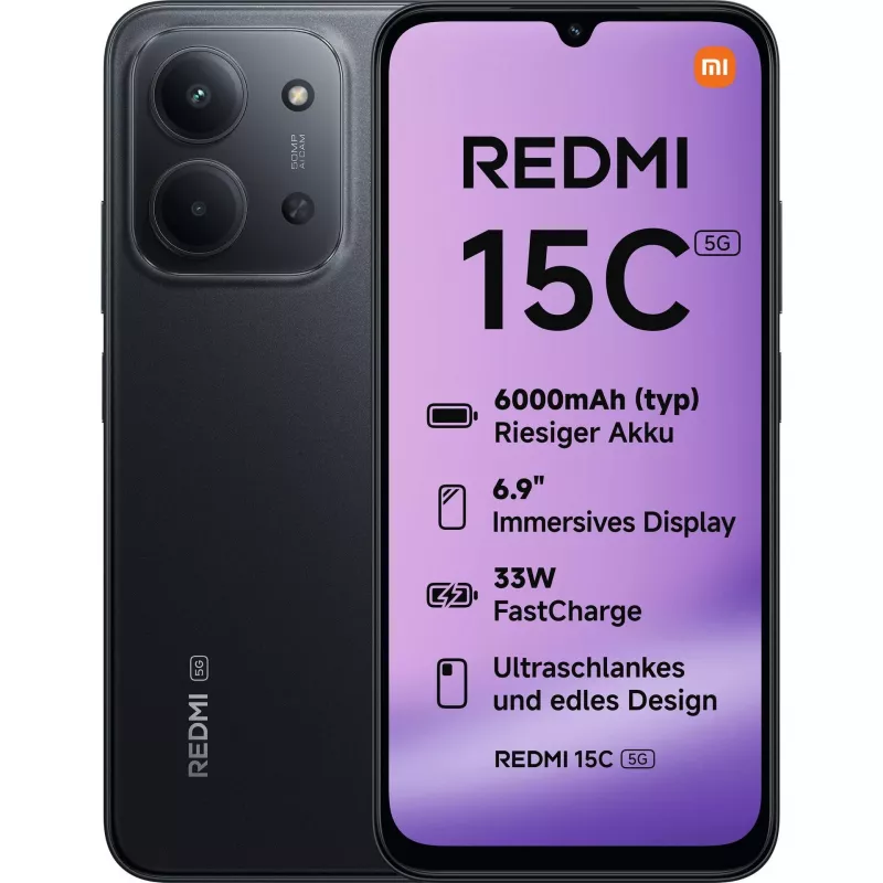 Xiaomi Redmi 15C | Midnight Black | 6,9 cala | IPS LCD | 720 x 1600 pikseli | RAM 4 GB | 128 GB | Dual SIM | 5G | Aparat główny 50 MP | Aparat przedni 8 MP
