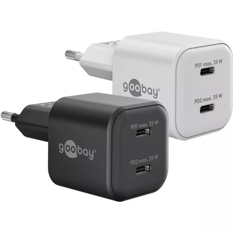 USB-C Nano, dwie szybkie ładowarki, PD, GaN, 35 W (Biały, 2x USB-C, Power Delivery 3.0)