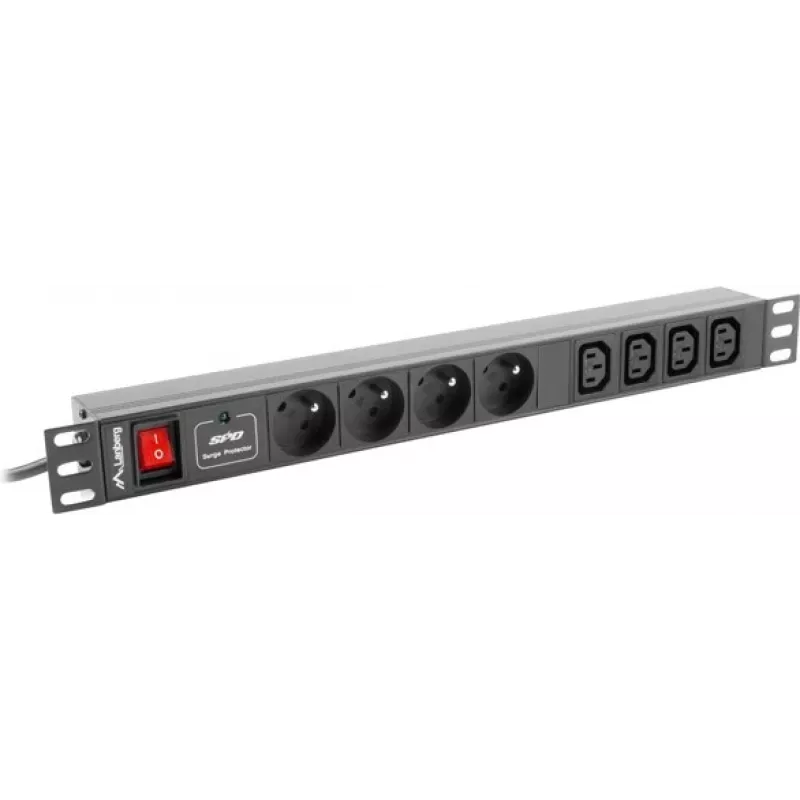 Jednostka dystrybucji zasilania LANBERG PDU-04E04I-0200-IEC-BK — 1U, 4 gniazda typu E, kabel 2 m, 10 A, 220–250 V