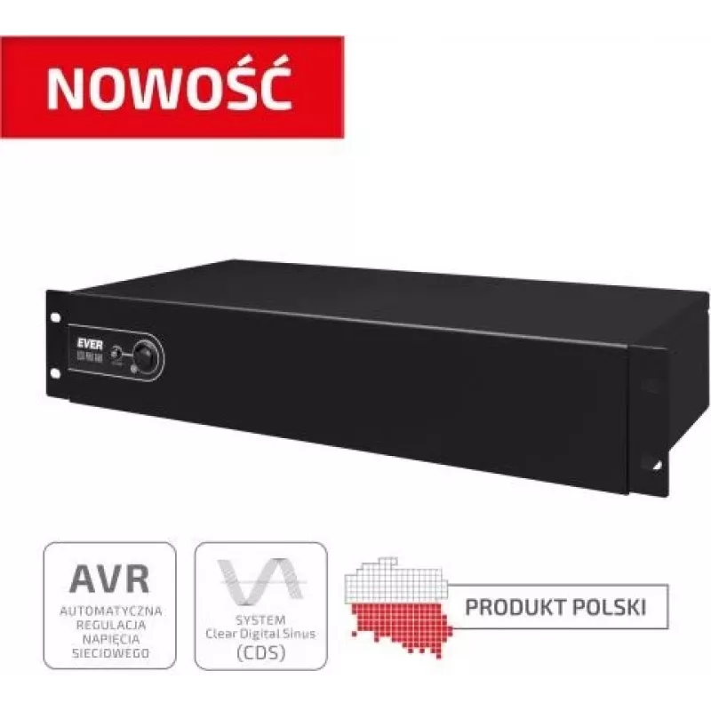 UPS EVER ECO Pro 1200 AVR CDS, line-interactive, montowany w szafie rack, 1,2 kVA (moc wyjściowa 780 W), 2U, 3× C13, USB-B, AVR, VRLA 12 V 5 Ah ×2