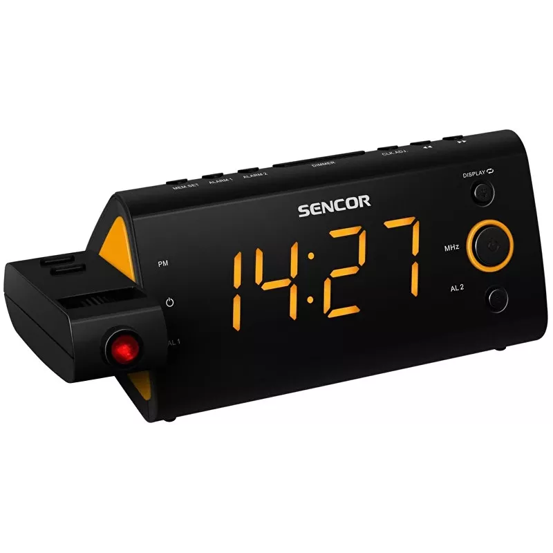 Zegar radiowy SENCOR SRC 330 OR — radiowy zegar FM z wyświetlaczem LED 1,2 cala, podwójnym budzikiem, czerwoną projekcją 180°, temperaturą wewnętrzną, podtrzymaniem bateryjnym
