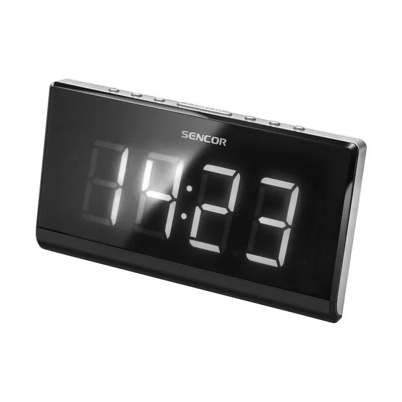 Zegar radiowy SENCOR SRC 340 — radiowy zegar FM z 1,8-calowym białym wyświetlaczem LED, czerwoną projekcją 180°, podwójnym alarmem, 10 zapamiętanymi stacjami FM, podtrzymaniem bateryjnym