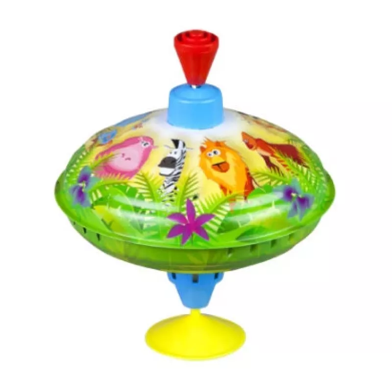 Bączek Lena Humming top Dzikie zwierzęta 16 cm — drewniany kręcący się bączek od Leny, średnica 16 cm