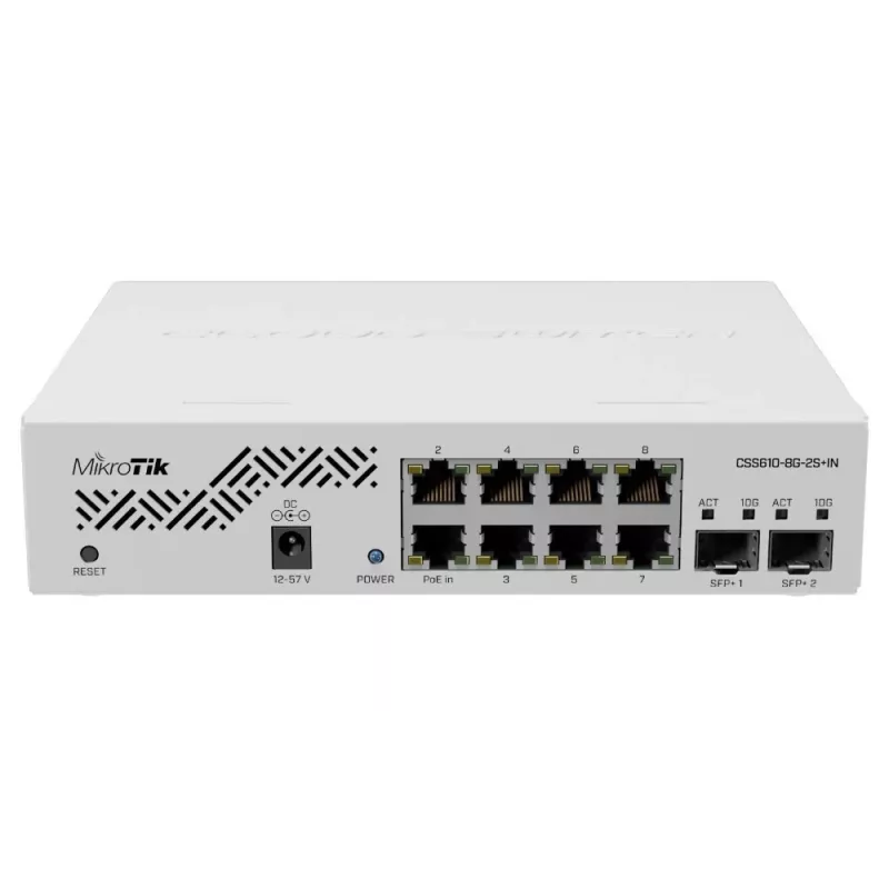 Przełącznik sieciowy MikroTik CSS610-8G-2S+IN — 8x Gigabit RJ-45, 2x SFP+ 10G, PoE, wejście 12–57 V