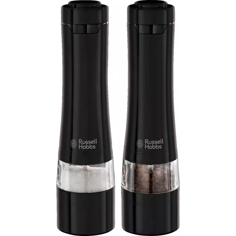 Russell Hobbs 28010-56 Elektryczny Zestaw Młynków do Soli i Pieprzu (Wysoka Jakość, Automatyczny, Regulowane Mielenie, Podświetlenie na podstawie, Czarny Metaliczny Wzór)