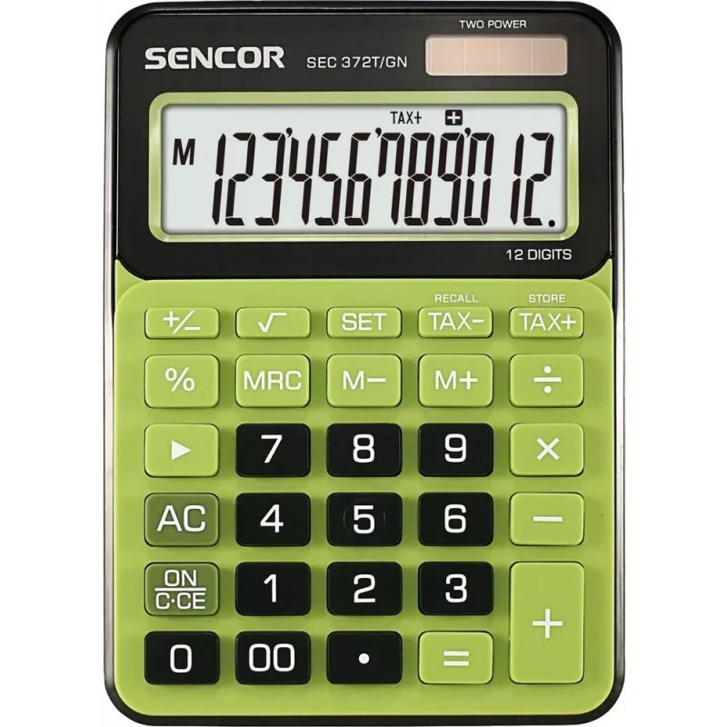 Kalkulator biurkowy SENCOR SEC 372GN 12-cyfrowy LCD, podstawowe funkcje arytmetyczne, zasilanie słoneczne i bateryjne