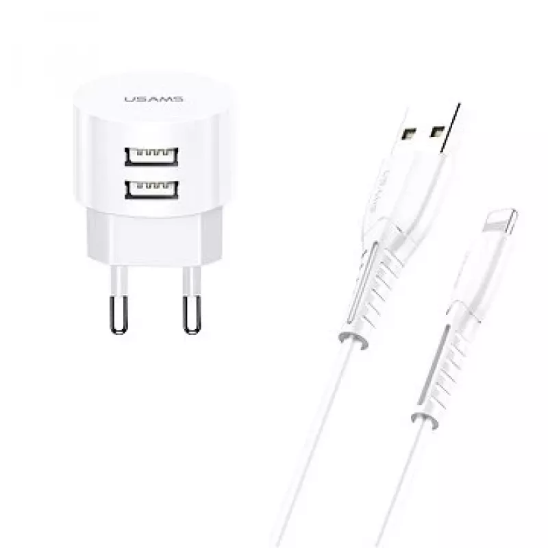 ładowarka usams T20 2x USB 2.1A z kablem Lightning — przenośna ładowarka sieciowa USB