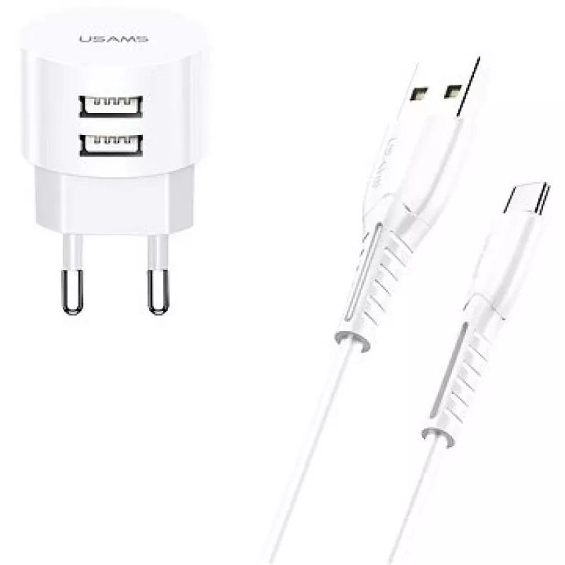Ładowarka usams XTXLOGT18TC05 z 2 portami USB i zintegrowanym kablem USB‑C, wyjście 2.1 A
