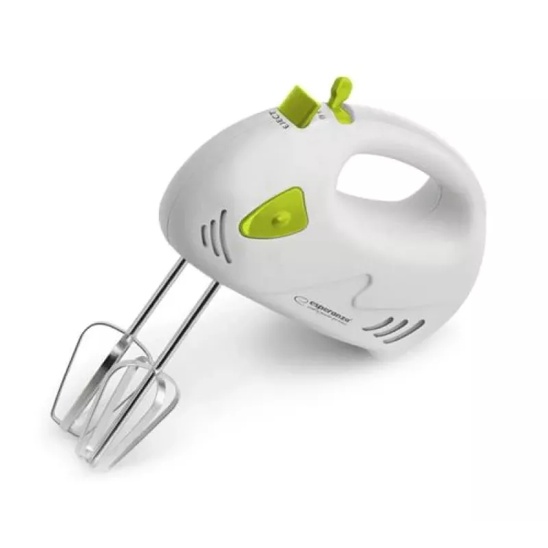 Mikser ręczny ESPERANZA EKM007G — 150 W, 7 prędkości, trzepaczka, ergonomiczny uchwyt, przewód 1,1 m, zielono-biały