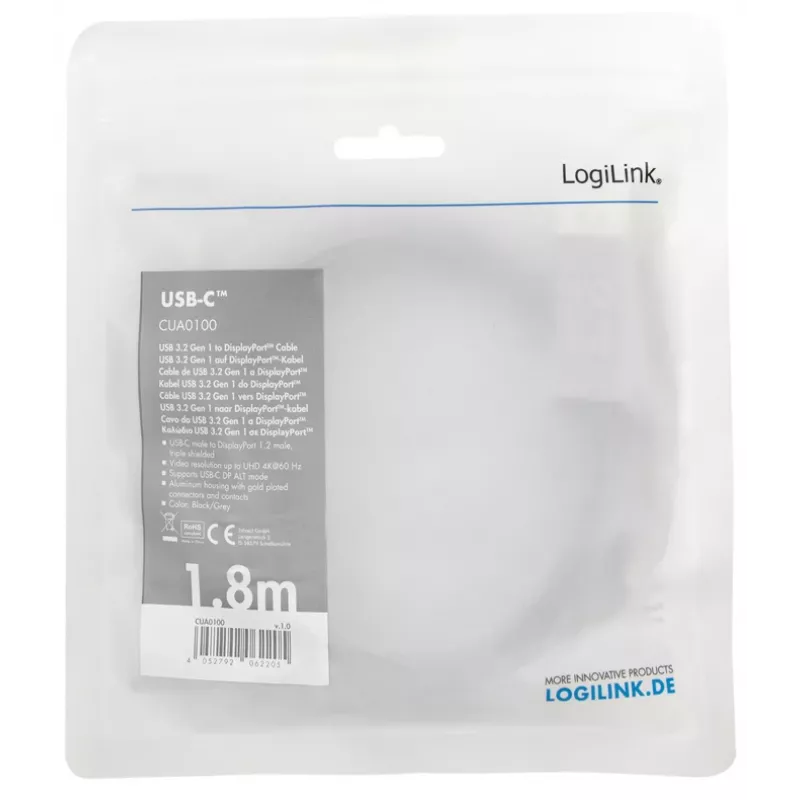 LogiLink CUA0100 Kabel przejściówka DisplayPort USB 3.2 Gen1 Type-C 1.8m Czarny Szary