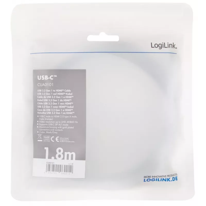 Kabel LogiLink CUA0101 USB 3.2 Gen1 Type-C na HDMI-A 1,8 m czarny szary