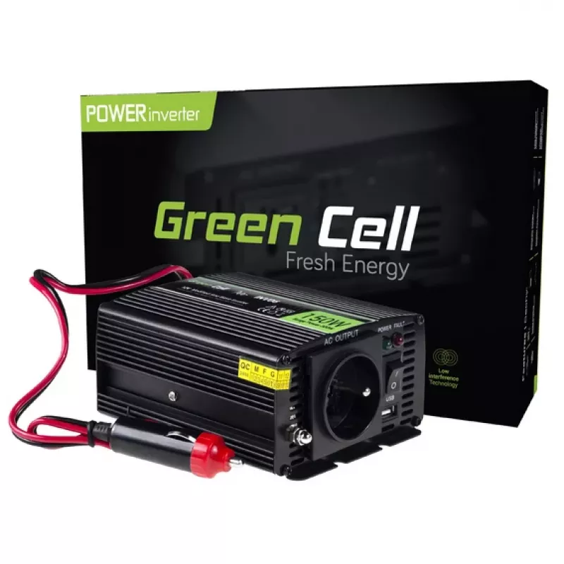 Przetwornica napięcia zielony Cell INV06 12 V na 230 V 150 W 50 Hz wtyk typu C, sprawność 85%, czarna