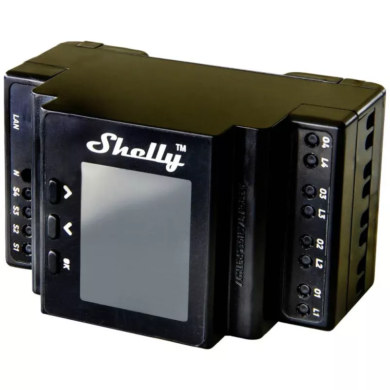 Moduł przekaźnikowy na szynę DIN Shelly 4-kanałowy Pro 4PM Wi‑Fi, 4 kanały, AC 110–240 V, pomiar mocy i energii, montaż na szynie DIN