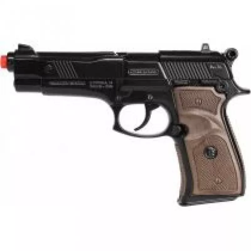 Metalowy pistolet policyjny zabawka Pulio model 15539/6 — metalowa konstrukcja, akcesorium zabawkowe