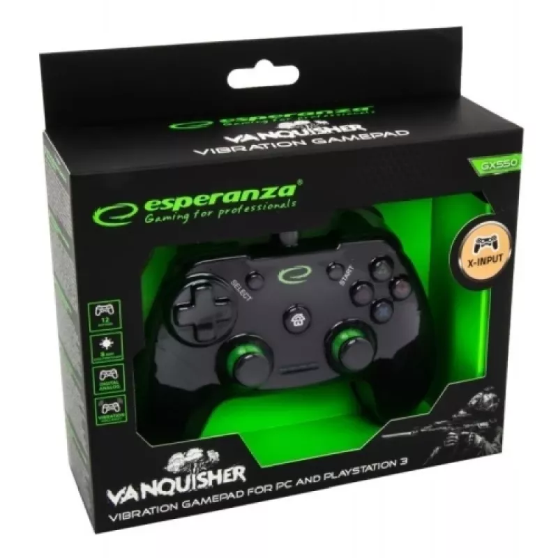 Gamepad ESPERANZA EGG110K przewodowy USB z wibracją, 12 przycisków, kabel 1,5 m — do PC i PS3