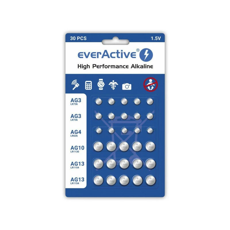Baterie alkaliczne everActive AGMIX30BL 1,5 V — opakowanie 30 sztuk, ogniwa guzikowe