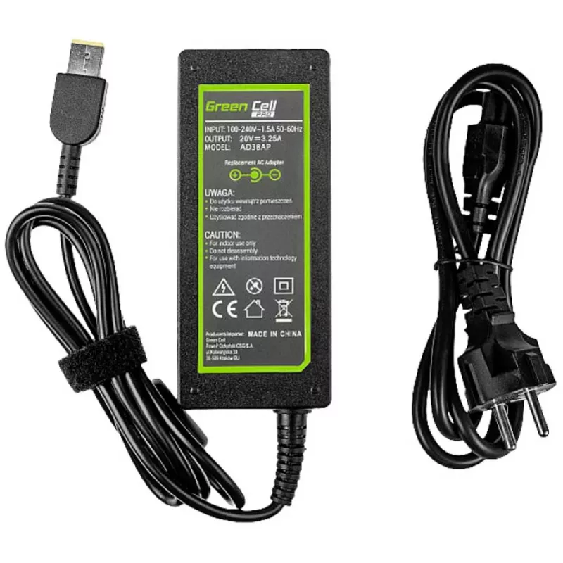 Zasilacz zielony Cell AD38AP 65W do laptopów Lenovo, 20V 3.25A, kabel 1,2 m, czarny
