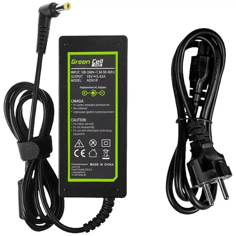 Zasilacz sieciowy zielony Cell AD01P — 60 W, 19 V 3.42 A, wewnętrzny zasilacz do laptopa, czarny