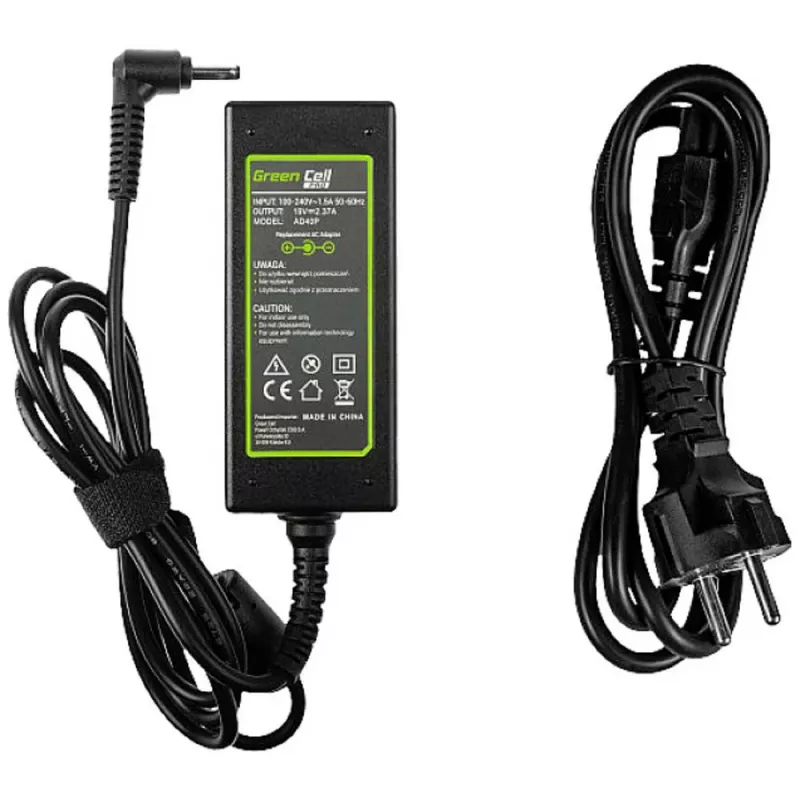 Zasilacz zielony Cell AD40P 45W do laptopów, 19V 2.37A, AC-to-DC, wejście 100–240V, czarny