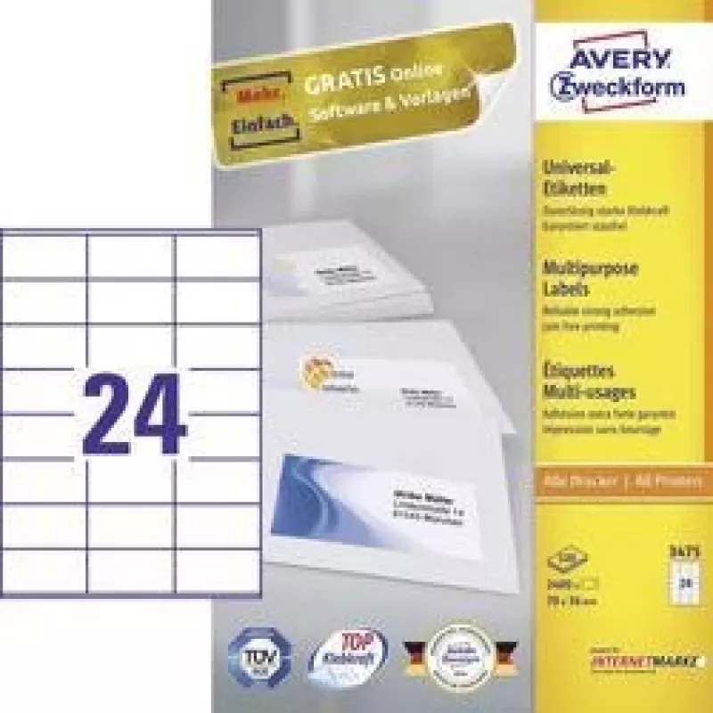 Etykiety uniwersalne Avery do drukarek laserowych, kopiarek i atramentowych 24 arkusze 70x36mm