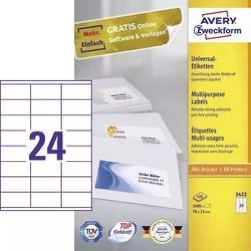 Uniwersalne etykiety 70x35mm InkjetLaserCopy A4 100 arkuszy 2400 szt. Białe