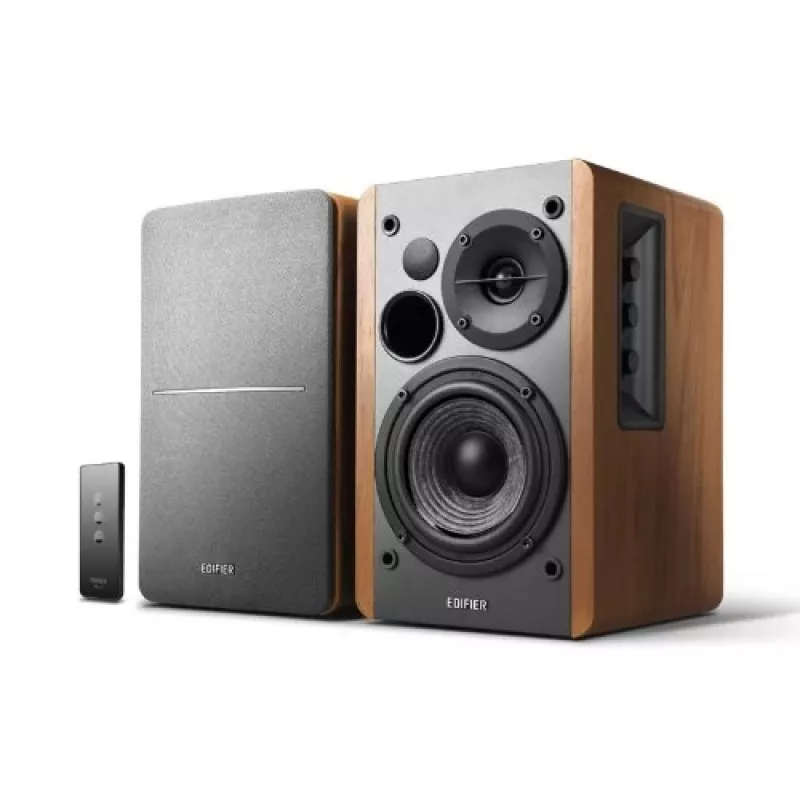Edifier R1280T Active Bookshelf Speaker System with Remote Control and Dual RCA Inputs - Brown Wood