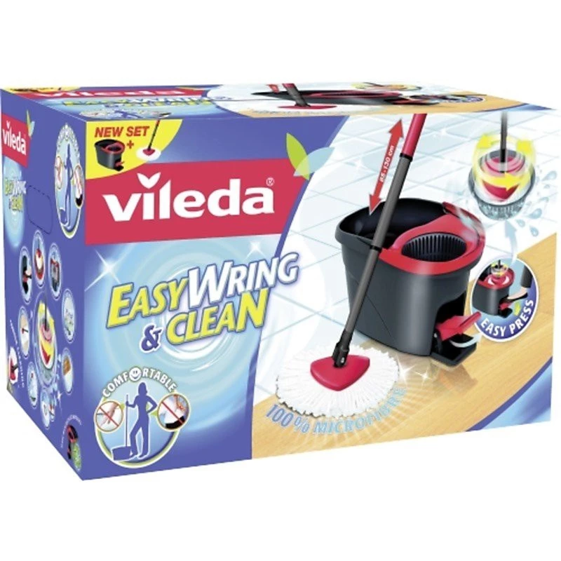 Mop VILEDA EasyWring & Clean Turbo, czerwone wiaderko z technopolimeru, zdejmowana nadająca się do prania głowicą z mikrofibry, do twardych podłóg