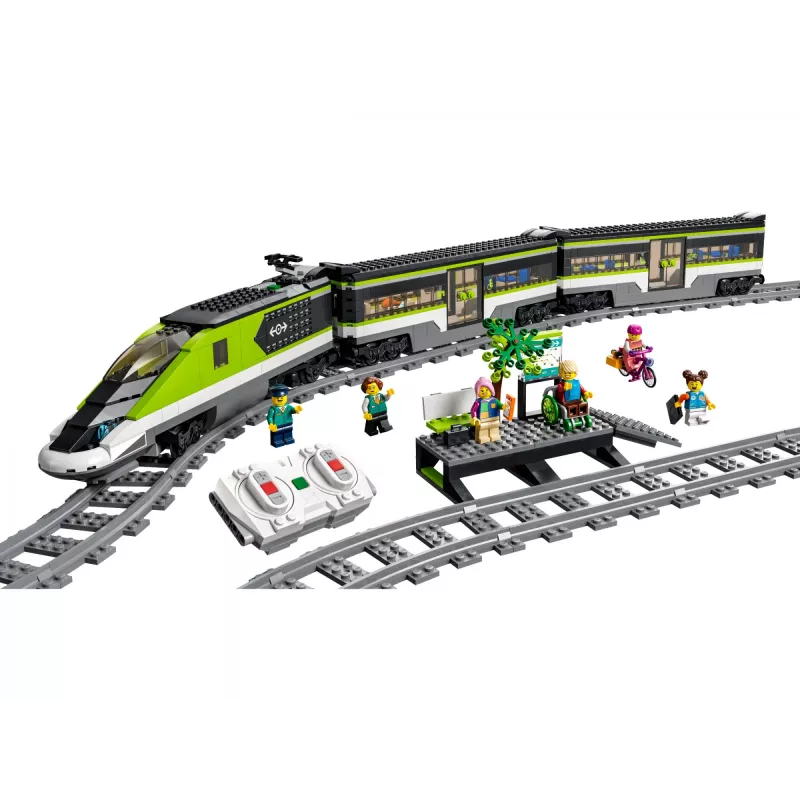 LEGO 60337 City Express Pociąg Pasażerski Zdalnie Sterowany Zabawka Prezent dla Dzieci Chłopców i Dziewczynek z Działającymi Reflektorami 2 Wagonami i 24 Torami