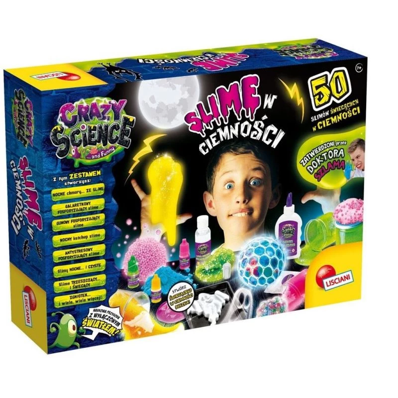 Zestaw naukowy Liscianigiochi Crazy Science Slime w ciemności 304-PL89239 — zestaw do eksperymentów ze świecącym w ciemności slime'em