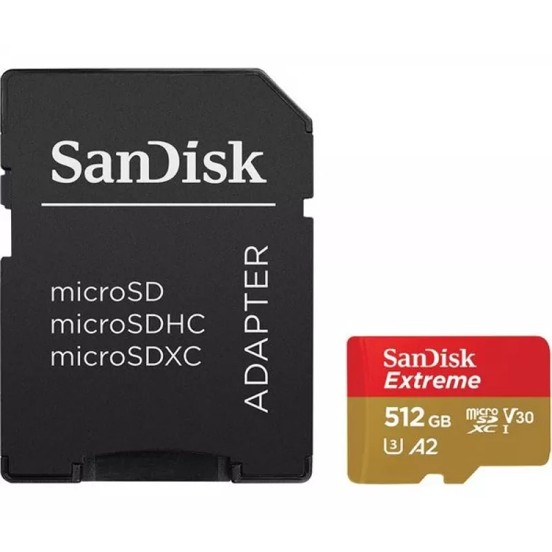 Karta pamięci MicroSDHC SANDISK Extreme 512 GB UHS-I A1 V30 U3 Class 10, odczyt 190 MB/s, zapis 130 MB/s, zawiera adapter SD