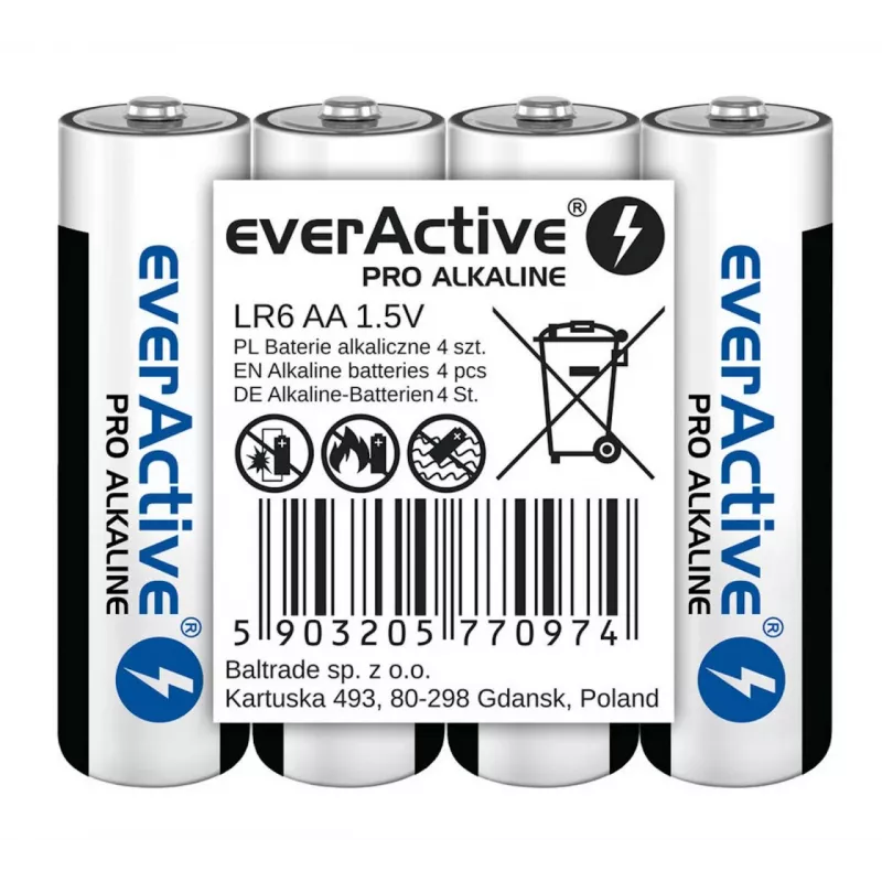 Baterie alkaliczne everActive LR6 AA opakowanie 4 szt. — 1,5 V, 3000 mAh, 50,5×14,5 mm